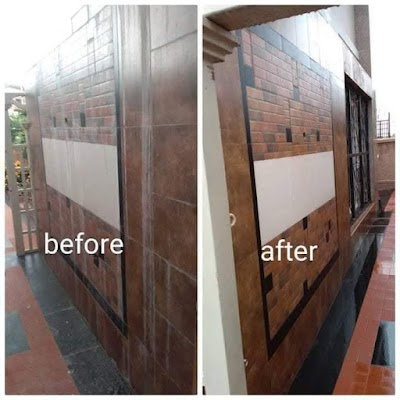 Before and after cleaning of an exterior wall and tiles